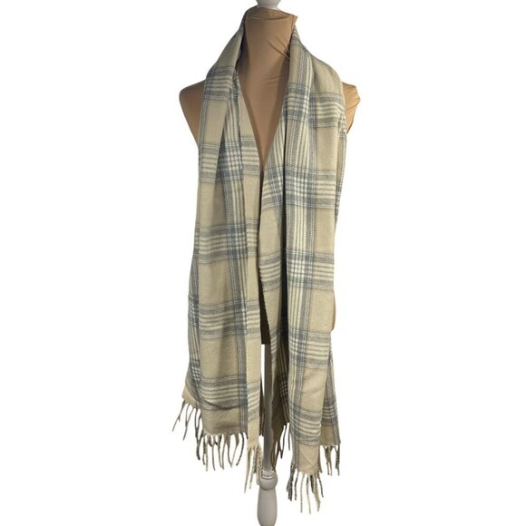 J.Crew Factory Blanket Scarf Plaid Cream Grey Fringe Nuetral One Size - Picture 2 of 7